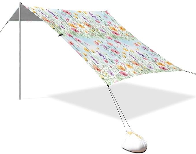 Flowers Beach Canopy Sun Shelter with Sandbags &amp Sand Shovel &amp Windproof Ropes - Portable 110x126 Beach Shade Beach Tent for Camping Picnics