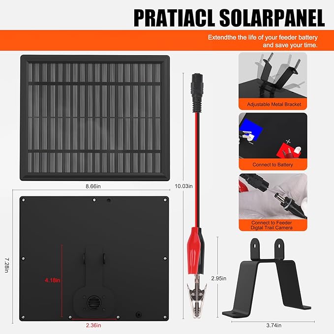 12V Solar Panel for Deer Feeder 3.6W Solar Battery Charger with Adjustable Mount Bracket Waterproof Trickle Charger with Alligator Clips Power Supply for Game Feeder and Timer