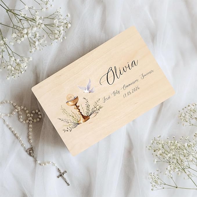 Creative Deco Personalized Wooden Storage Box Communion Cup Dove | 11.8 x 7.87 x 5.51 in (+-0.5) | Multiple Choice | Hinged Lid Handle Engraving | Unpainted Gift Box | UNSANDED Keepsake Souvenir Chest