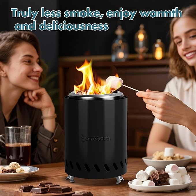 9.7 x 7.1 Inch Tabletop Fire Pit by AmazStove Low Smoke Camping Stove for Outdoor Safe Burning Firepits Fueled Pellets or Wood Travel Bag Included (Black 9.7 x 7.1 INCH)