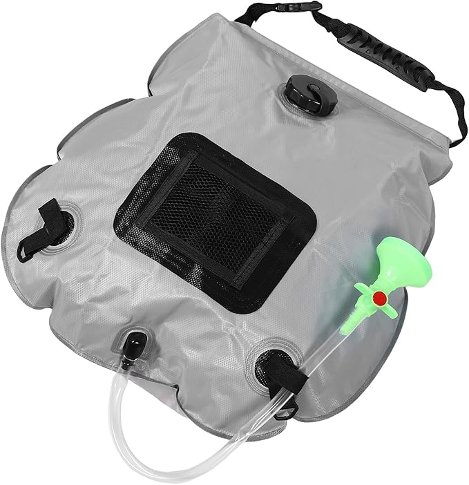 PRETYZOOM 20l Solar Heated Camping Shower Bag with Portable Shower Head Front Mesh Pocket Gray Outdoor Hiking and Beach Travel