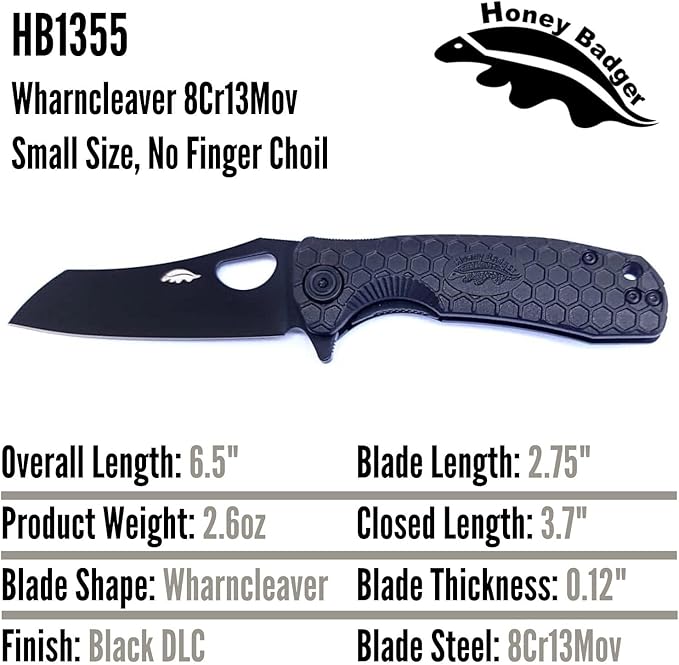 HB1355 Honey Badger Pocket Knife Folding Knife for EDC Wharncleaver Outdoor Tactical Survival Camping Small Black Wharncleaver No Choil 8Cr13Mov Black DLC