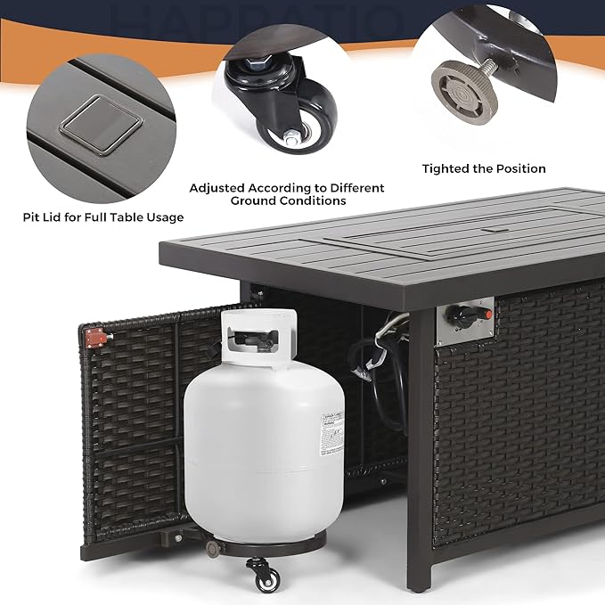 HAPPATIO Propane Fire Pit Table - 48 inch 50000 BTU Aluminum Outdoor Patio Fire PitWicker &amp Aluminum Rectangular Propane Gas Fire Pit Clear Glass Rock and Tabletop Lid Black PE Rattan(Brown)