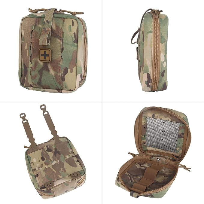 Tactical Camo IFAK Pouch MOLLE Medical Organizer with Elastic Storage Board Front Tool Slots and Rear Shear Pocket Attaches to Vest Belt or Backpack