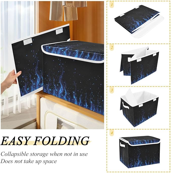 Storage Bins With Lid Stackable Fabric Closet Organizer Clothing Storage Large Boxes For Closet Shelves Bedroom Bright Blue Fire Flame Dots