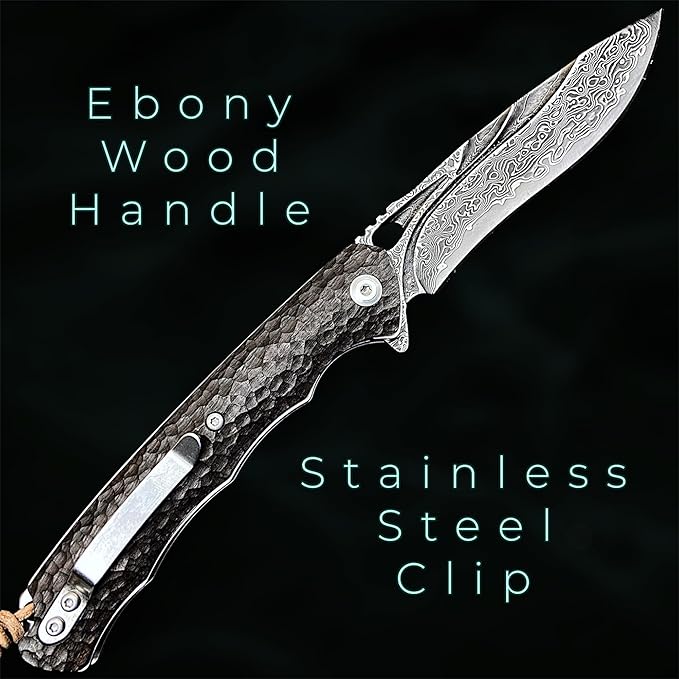 TACTICAL GEARZ Damascus Steel Pocket Knife for EDC Ebony (Black) Wood Handle Multi-Layered Damascus Steel Blade (Krato XT)