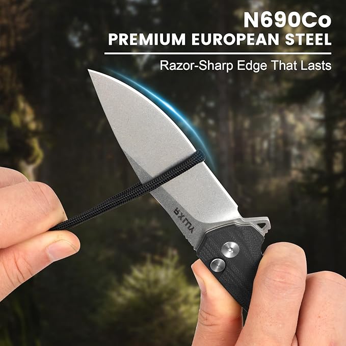 Folding Pocket Knife with Leather Sheath 3.47 N690Co Premium Steel Blade G10 Handle Knives EDC Small Folding Knife for Men Women Outdoor Survival Camping Hiking Knife (Black)