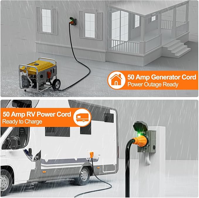 50 Amp Generator Power Cord 50ft and Inlet Box Kit NEMA 14-50P to SS2-50R Twist Lock with Organizer for RV Outdoor