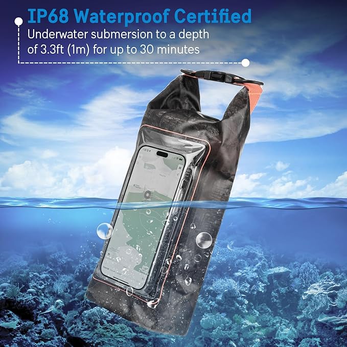 Pelican Marine IP68 Waterproof Dry Bag 2L - Roll Top Waterproof Backpack w/Phone Case/Pouch - Boating &amp Kayak Accessories - Essentials for Camping Swimming Beach Fishing Rafting Travel - Hunter Ca