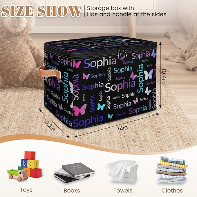 Custom Storage Bins with Zipper Lid Personalized Purple Pink Green Butterfly Fabric Lidded Storage Baskets Boxes Foldable Cubes Clothes Organizer Container