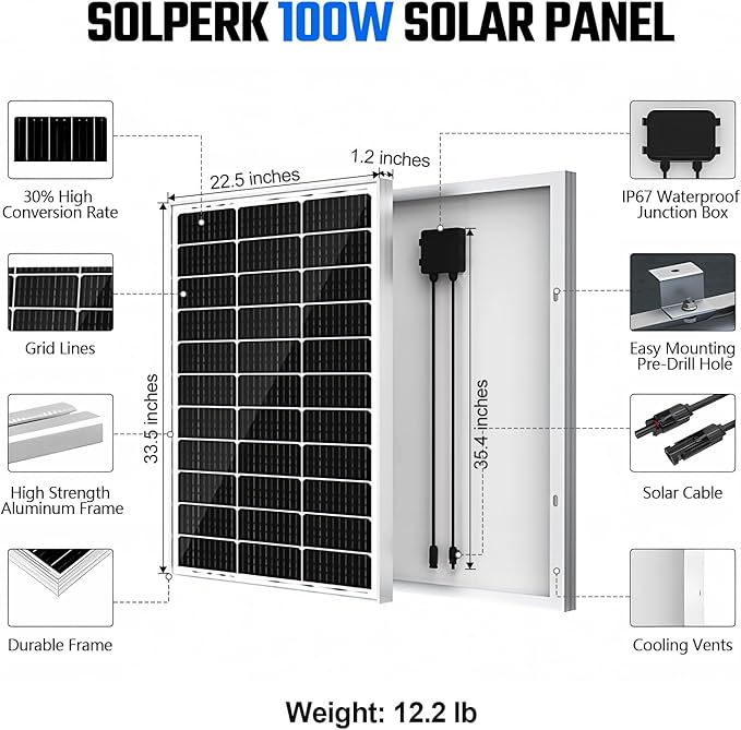 SOLPERK 100 Watt Solar Panel 12 Volt 100W Solar Panel High-Efficiency Monocrystalline Solar Panels for Home RV Camping Marine Rooftop Off-Grid Applications