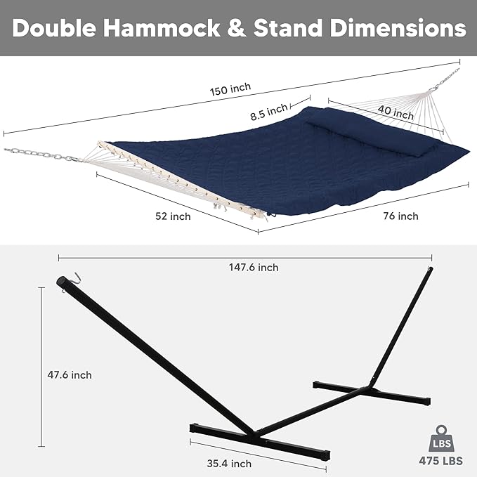 SUNCREAT Two Person Hammock with Stand Heavy Duty Backyard Hammock and Stand Navy Drops