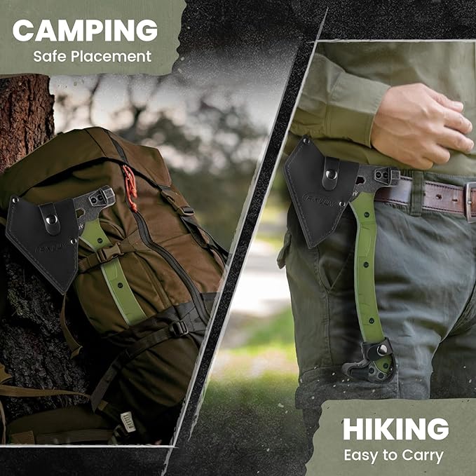 Tactical Axe with G10 Handle Camping Survival Hatchet Multifunctional Hiking Outdoor Heavy Duty Full Tang Tomahawk Tools with Hammer Unique Design Crowbar Leather Sheath (Green)