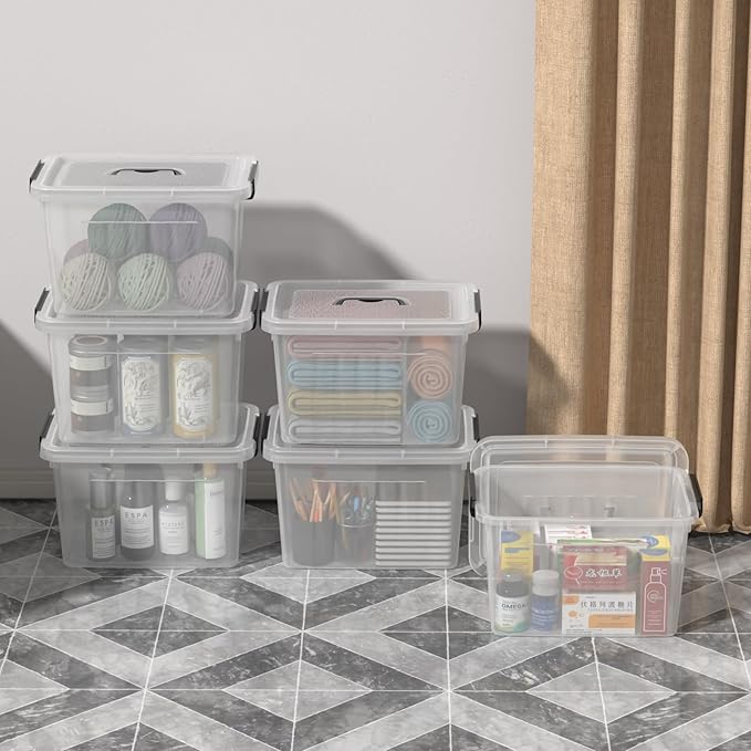 12 Quart Plastic Storage Boxes Clear Latch Storage Bins 6-Pack