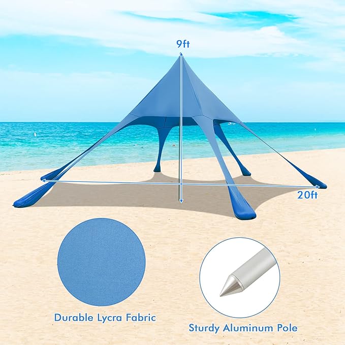 HAPPYGRILL Beach Canopy Sun Shelter with Aluminum Pole 20 FT x 20 FT UPF 50+ Pop Up Tent with Sandbags Tent Pegs Sand Shovel Carry Bag Portable Outdoor Sunshade for Camping Sport Events Picnic