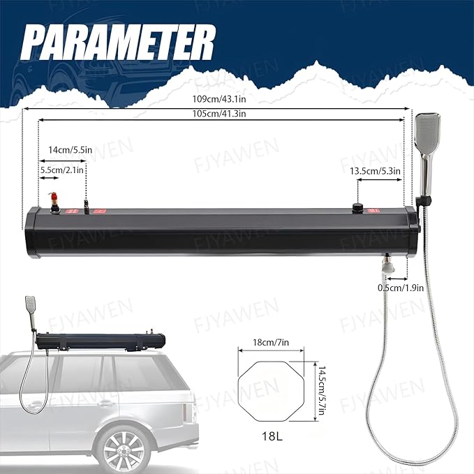 Pressurized Water Tank for Camping Shower Solar Roof Rack Shower Outdoor Roof Rack Water Tank with 4.9ft Water Hose &amp Shower Head for Trucks off Road Vehicles Rv Suv Water Storage 4.76gal/18L