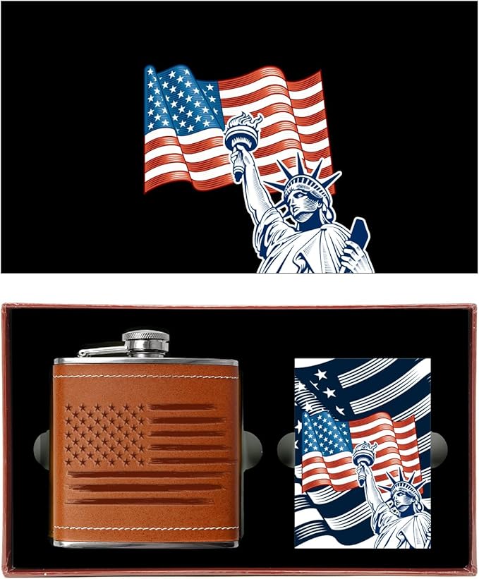 American Flag Flask &amp Cards Set Leather-Wrapped USA Hip-Flask with Playing Cards | Disabled Vet Owned SMALL Business | USA-Flag Flask-Card-Set
