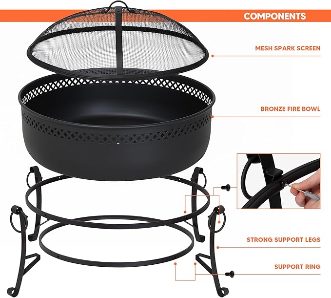 SUNCREAT Outdoor Patio Fire Pit with Mesh Spark Screen 40 Portable Fire Pit for Camping Black