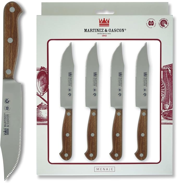 Lodge Steak Knife Set – Serrated Blade – Molybdenum Vanadium Stainless Steel - Layered Oak Wood Handle - Excellent choice for informal or formal BBQs - Set includes 4 Knives
