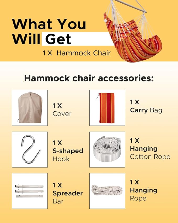 Miztli Hammock Chair with Hanging Chair Cover – Max 500 Lbs Steel Spreader Bar with Anti-Slip Rings Comfortable Indoor &amp Outdoor Hanging Chair – Includes Protective Waterproof Cover (57x45.5 in)