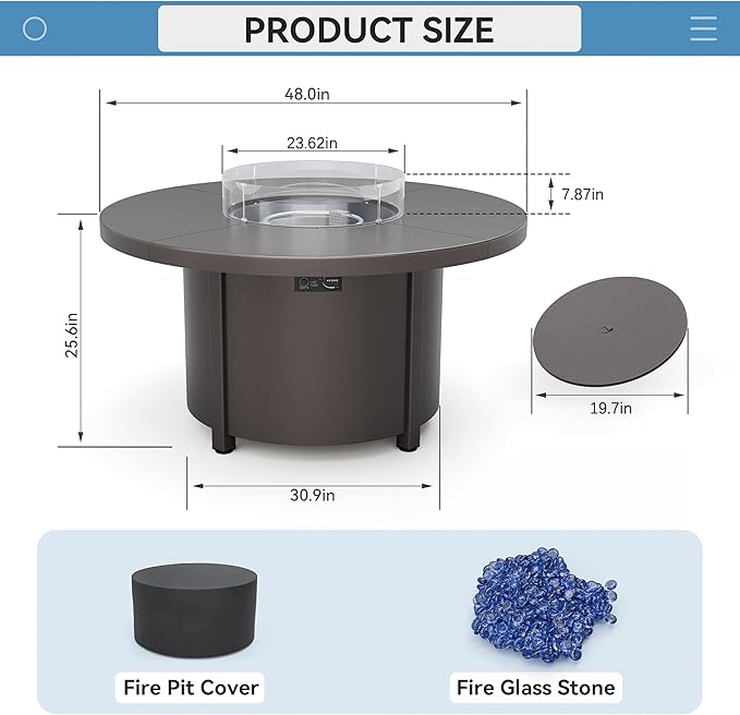 Kullavik 48 Round Propane Fire Pit Table55000 BTU Auto-Ignitiongas Gas Fire Table with Fire Glass and LidWaterproof Cover and Pumice Stone for PatioBalconyGarden