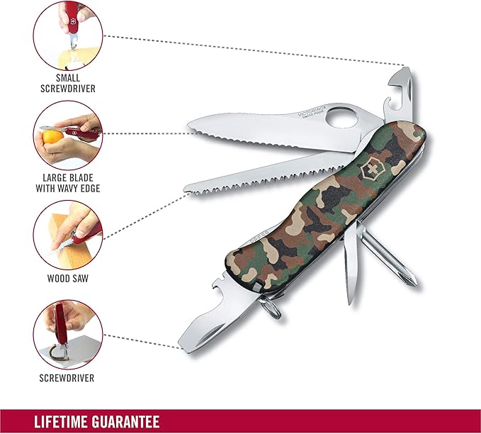 Victorinox Trailfinder SW Swiss Army Knife 12 Function Swiss Made Pocket Knife with Large Serrated Blade Bottle Opener and Wood Saw - Camouflage