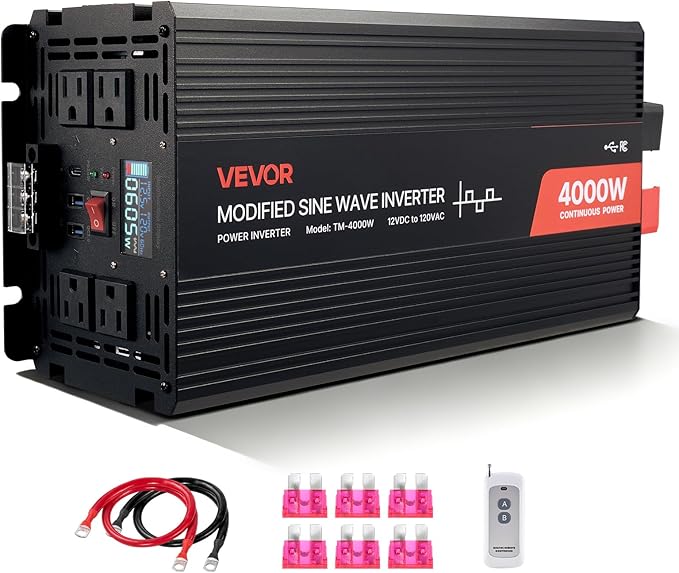 VEVOR 4000W Power Inverter 12V DC to 120V AC Modified Sine Wave Inverter Solar Car Charger Converter with LCD Display Remote Control 2 USB Ports 4 AC Outlets Type-C Port for RV Truck Outdoor