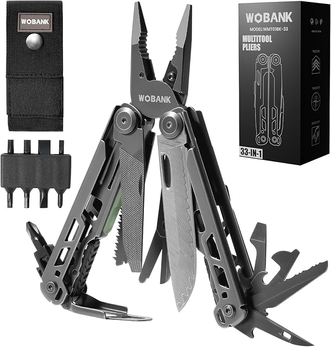 Multitool 33-in-1 Stainless Steel Multi Tool Pliers with Screwdriver Sleeve Damascus Pocket Knife Nylon Sheath for Outdoor Survival Camping Hiking Simple Repair