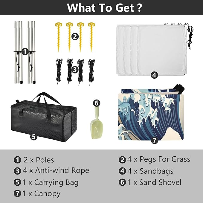 Waves Beach Canopy Sun Shelter with Sandbags &amp Sand Shovel &amp Windproof Ropes - Portable 110x126 Beach Shade Beach Tent for Camping Picnics
