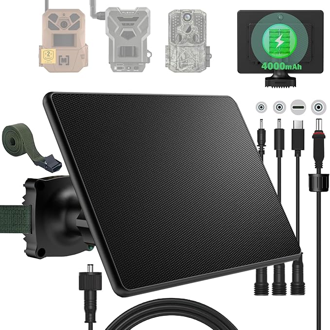 Trail Camera Solar Panel6W Solar Battery Charger Kit 6V/2A 9V/2A 12V/2A with 4000mAh Battery for Hunting CameraIP65 Waterproof Hunting Accessory1.7/2.1/1.35mm DC &ampUSB-C Connectors for Trail Cam