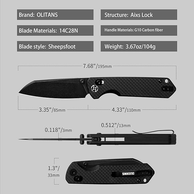 OLITANS G062 Folding Knife for EDC 14C28N Steel Blade Pocket knife Crossbar Lock Knife for Outdoor Survival Hunting and Camping 3.28oz（G10 Carbon Fiber+Black Coating）