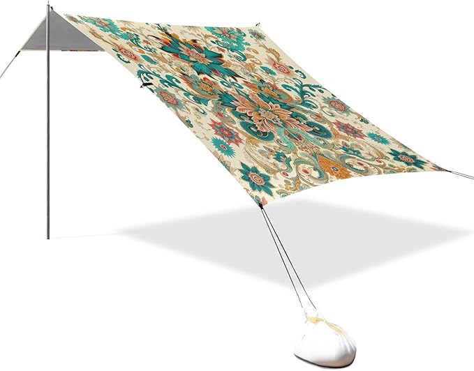 Indian Floral Beach Tent Sun Shelter Set UPF50+ UV Protection 10.5 x 9.19 FT Camping Shade Canopy with Sandbags Sand Anchors Carrying Bag and Others