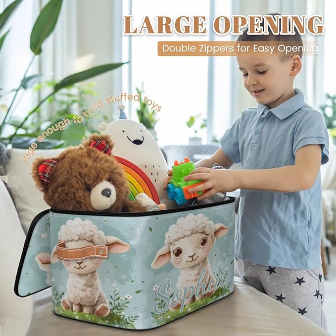 Custom Storage Basket with Name Personalized Storage Bins with Zipper Lid Foldable Fabric Storage Box Large capacity with Handle Flower Sheep