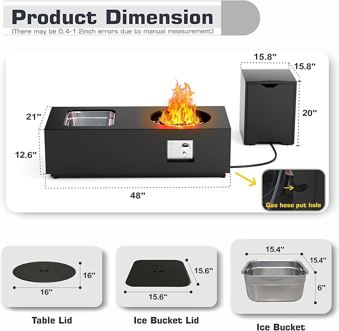 2-Piece 48 Rectangular Propane Fire Pit for Outside Patio with Hidden Tank Table &amp Ice Bucket 50000 BTU Fireplaces with Lid Glass Rocks Cover(Black w/Ice Bucket)