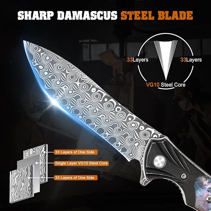 AUBEY Damascus Pocket Knife for Women Men 3.43 VG10 Damascus Steel Blade Knife with Clip EDC Folding Knives with Abalone Shell Handle Gift for Camping Outdoor Hunting Hiking Collection