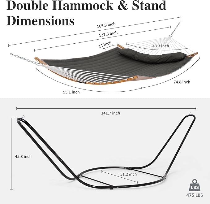 SUNCREAT Double Hammock with Curved Spreader Bar Hammock with Stand Included 2 Person Patent Pending Dark Gray