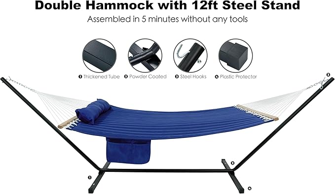 GAFETE 2 Person Hammock with Stand for Outside Heavy Duty Steel Stand Double 55inch Hammocks Large Removable Pillow Storage Bags Max 475 lbs Capacity (Blue)