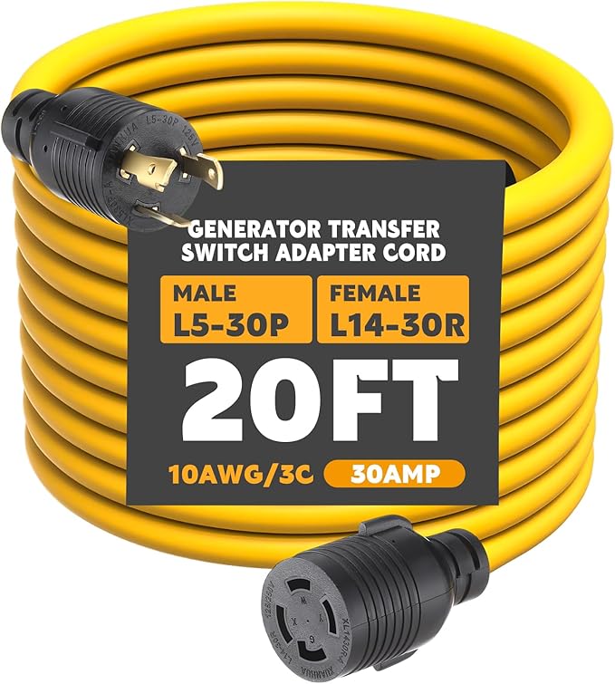 Kanayu 20ft NEMA L5-30P to L14-30R Generator Transfer Switch Adapter Cord 30 Amp Locking 3 Prong to 4 Prong Adapter RV Generator to House Inlet Box STW 10 AWG ETL Listed