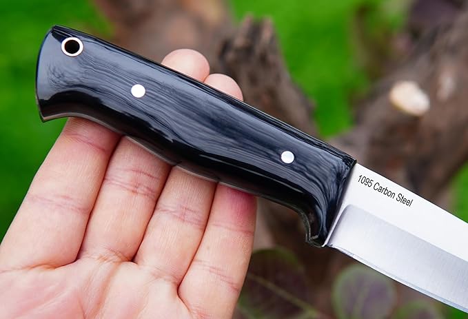 Ottoza Full Tang Bushcraft Knife with 1095 Carbon Steel Fixed Blade - Survival and Outdoor Camping Knife - Black Cross Draw Sheath and Cow Horn Handle 426
