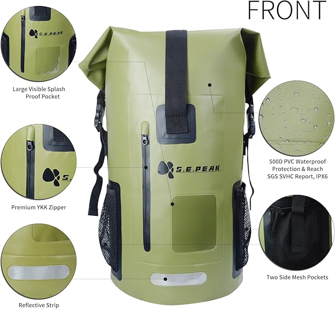 SEPEAK 35L Waterproof Dry Bag Backpack IPX6 Roll-Top Closure Bag Boating &amp Kayak Accessories - Essentials for Camping Swimming Beach Fishing Rafting TravelGreen