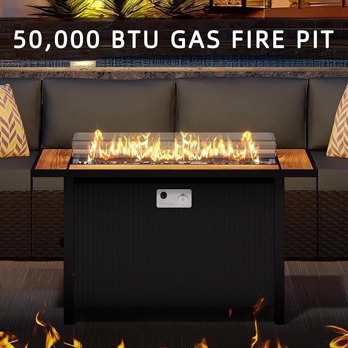 45 Inch Propane Fire Pit Table 50000 BTU Outdoor Gas Fire Pit for Patio &amp Backyard 2-in-1 Firepit Dining Table with Glass Wind Guard Blue Glass Rocks &amp Waterproof Cover Walnut