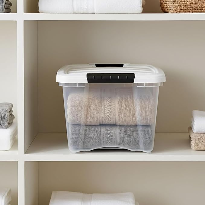 IRIS USA 19 Qt Stackable Plastic Storage Bins with Lids 12 Pack - BPA-Free Made in USA - See-Through Organizing Solution Latches Durable Nestable Containers Secure Pull Handle - Clear/White