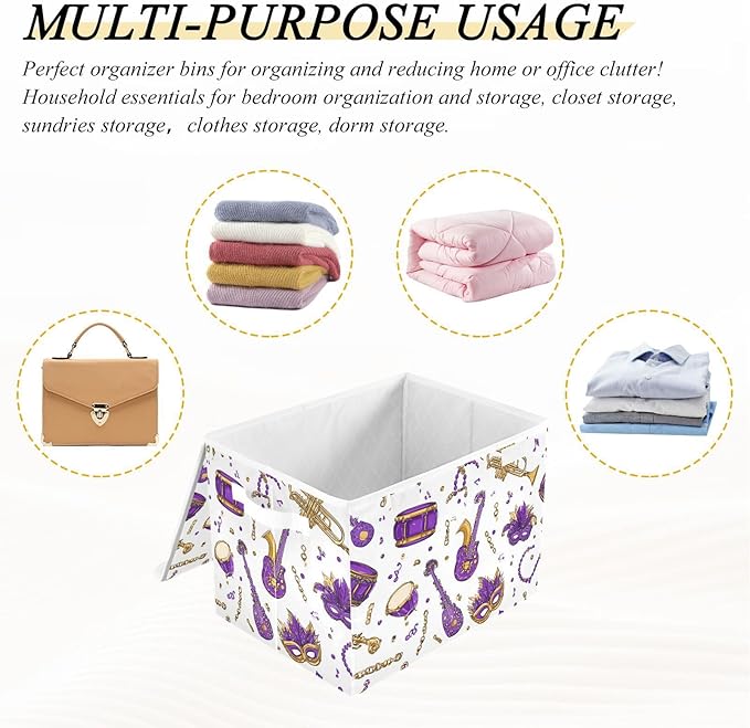Purple Mask Instrument Shrove Tuesday Storage Box with Lid 1 PC Foldable Storage Bin with Lids Stackable Storage Bins Cube Closet Organizer Basket with Flip-Top Lid &amp Handles for Shoes Book