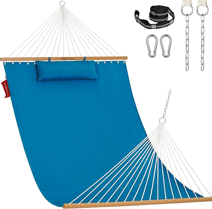 Lazy Daze Hammocks 12 FT Sunbrella Fabric Hammock not Fading with Spreader Bars and Free Pillow Fits for 2 Persons All Weather and Fade Resistant for Patio Yard 450 lbs Capacity Canvas Pacific Blue