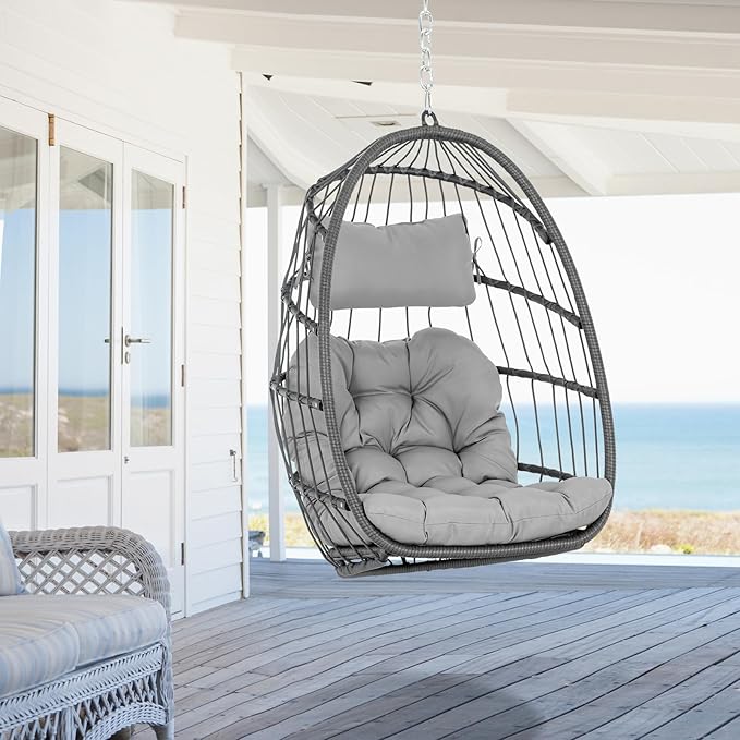 Hanging Egg Chair Without Stand - Foldable Indoor Outdoor Wicker Rattan Swing Egg Chair with Hanging Chain Hammock Chair - UV Resistant Cushions &amp Aluminum Frame for Bedroom Patio Camping (Grey)