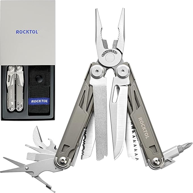 ROCKTOL Multitool19-in-1 Multitool Pliers with Titanium-plated Handle Safety Locking Lightweight EDC Tool and Nylon Sheath for MenOutdoor SurvivalHikingCamping