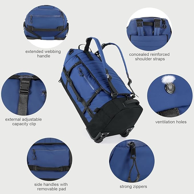 Rolling Duffle Bag with Wheels86L 30”Carry on Luggage with WheelsFolding Travel BagDuffle Backpack with Separate Shoe Compartment (dark blue)