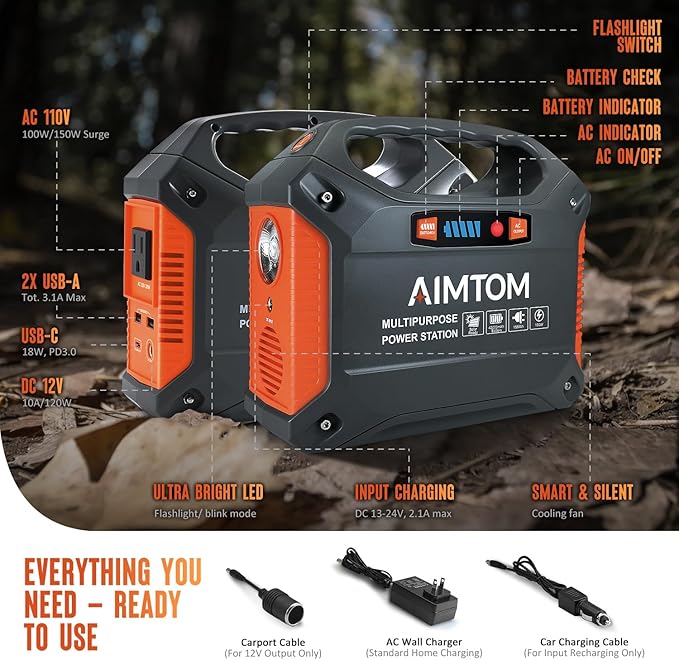 AIMTOM 155Wh Portable Power Station with 30W Solar Panel – 150W Peak/110V AC 18W USB-C 2x USB-A &amp 12V DC – Solar Generator for Camping Home RV Travel &amp Emergencies