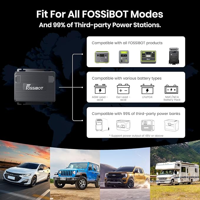 FOSSIBOT FAC580 DC to DC adapter F2400 Compatible with multiple Charger 12V with MPPT for Solar &amp Alternator Input - Smart On-Board Battery Charger for RV Marine Car - Charge AGM