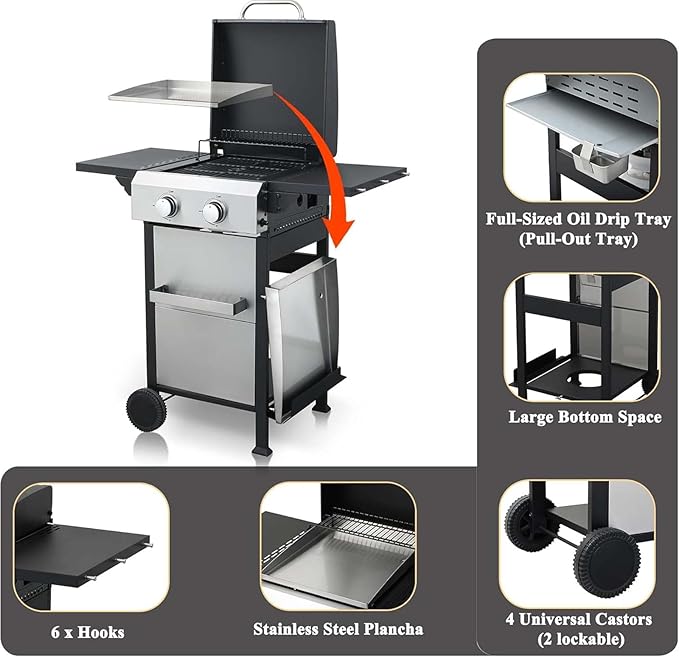 2-Burner Propane Gas BBQ Grill with Wire Enamel Cooking Grids &amp SS Plancha 24600 BTU Output Stainless Steel Grill with Foldable Side Table and Hanging Basket for Outdoor Backyard Barbecue